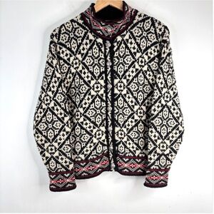 VTG LL Bean Wool Fair Isle Cardigan S Nordic Black Cream Red Cottage Made in USA